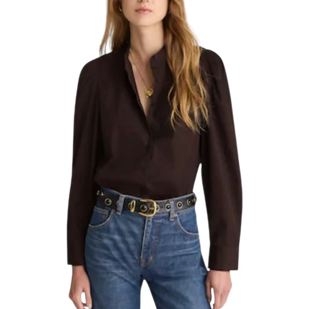 Madewell Women’s Puff-Sleeve Button-Up Cotton Shirt Blouse NWT S Molasses